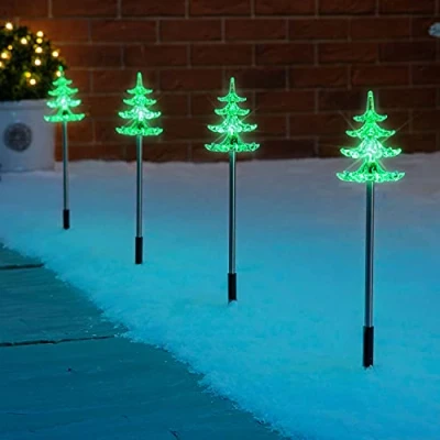 Image of CHRISTOW Christmas Tree Path Lights, Green LED Outdoor Pathway Stake Decorations, Battery Operated with Timer (Set Of 4)