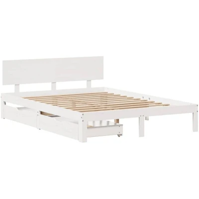 Image of vidaXL Bed Frame with Drawers Small Double, White, Solid Pinewood, 120x190 cm, Storage Drawers, Slatted Base