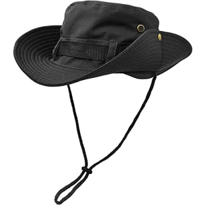 Image of ARG Booni Hat Out Door Fishing Wide Brim Sun UV Protect Safari Foldable Adjustable Chin Strip Jungle Cap Bucket Lassic Cowbow for Camping Hiking Fashing Traveling (Black)