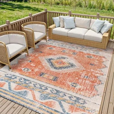 Image of Livabliss LusakaIndoor Outdoor Rug Large Boho for Living Room 200x275cm, Dining, Kitchen Vintage Patterned Neutral &amp; Coloured Rugs, Waterproof, Stain Durable, Rust and Blue