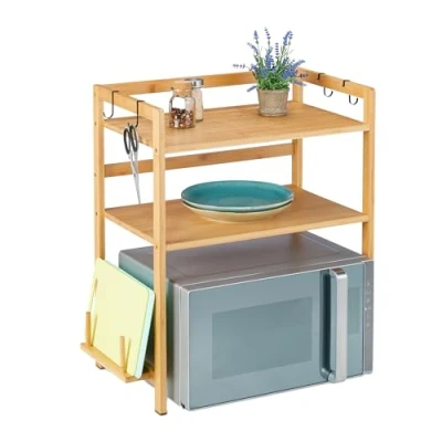 Image of Relaxdays Microwave Rack, HxWxD: 67 x 61 35 cm, Bamboo, 2 Tiers, Kitchen Storage, 4 Hooks, Shelf Stand, Natural, Steel, Rubber