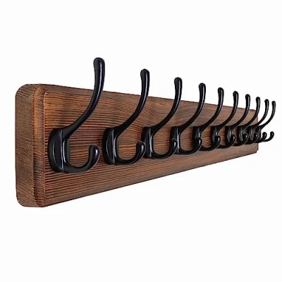 Image of SKOLOOFarmhouse Style Wall Mounted Coat Rack, Pine Solid Wood Hook Hanger 10 Hooks for Hanging Clothes Robes Towels Coats