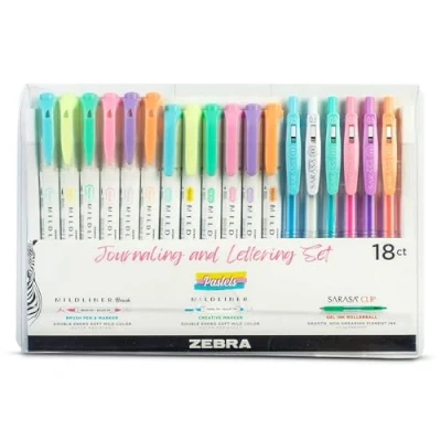 Image of Zebra Pen Journaling &amp; Lettering Stationery Set (18 Pack) Dual Tip MILDLINER Pastel Highlighters Colouring Pens, Brush and SARASA Gel Pens Assorted Multipack