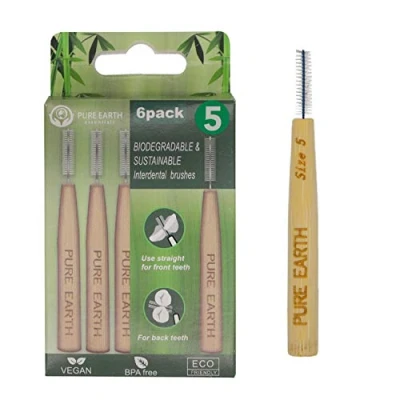Image of Pure Earth Essentials Bamboo Interdental Brushes Biodegradable Brush Organic Handle with Soft Bristles for Deep Clean Between Teeth and Gums (6 Pieces, Size 5, 1.2mm, Green)