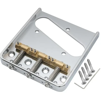 Image of Musiclily Ultra 54mm Aluminum Plate Vintage Telecaster Bridge with Brass Compensated 3 Saddle for Tele Style Electric Guitar, Chrome
