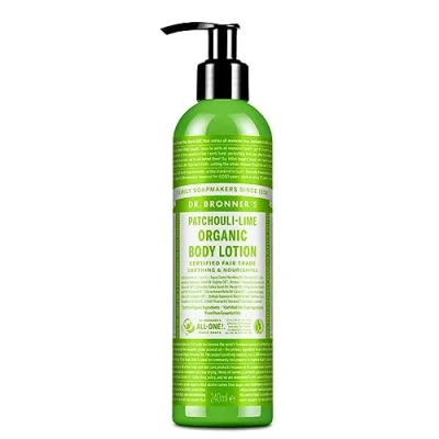 Image of Dr Bronner&#039;s 3 in 1 Patchouli &amp; Lime Organic Hand and Body Lotion, Made with Oils, Used for Hands, Face Body, Certified Fair Trade Vegan Friendly, 236ml Recycled Pump Bottle