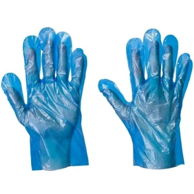 Image of 100 X Disposable Plastic Gloves PE Polythene Clear Catering Food Car Safe Prep (Blue Gloves)