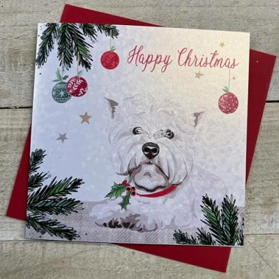 Image of WHITE COTTON CARDS SCOTTIE DOG CHRISTMAS CARD, HAND FINISHED (C23 20), 16cm x