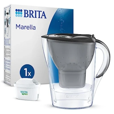 Image of BRITA Marella Water Filter jug Grpahite (2.4L) incl. 1x MAXTRA PRO All in 1 cartridge fridge fitting with digital LTI and Flip Lid now sustainable Smart Box packaging