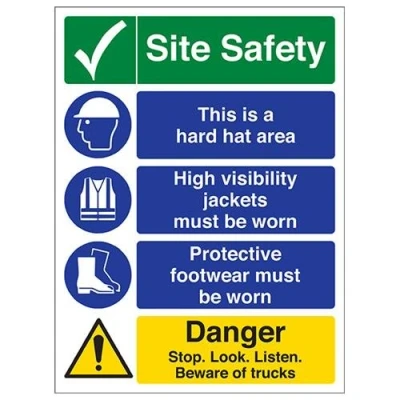 Image of VSafety Multi Hazard Site Safety Stop. Look. Listen. Warning Sign Portrait 300mm x 400mm 1mm Rigid Plastic
