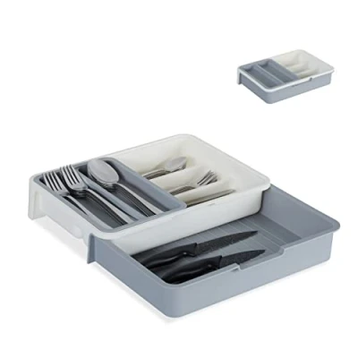 Image of Relaxdays 10027748_111 Cutlery Tray, Extendable, 7 Compartments for Silverware &amp; Kitchen Utensils, HWD 6x23.5x31.5 cm, PP, White Grey