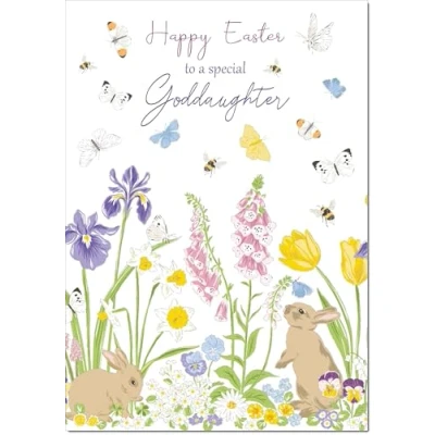 Image of doodlecards Goddaughter Easter Card Spring Flowers with Bunnies Medium Size Plain Envelope
