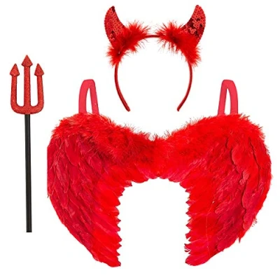 Image of 3pc Devil Costume Women Red Angel Wings Horns and Fork Set Womens Halloween Pitchfork Headband