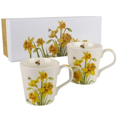 Image of The Leonardo Collection Set of 2 Mugs Bee Daffodils Floral Design Gift Box