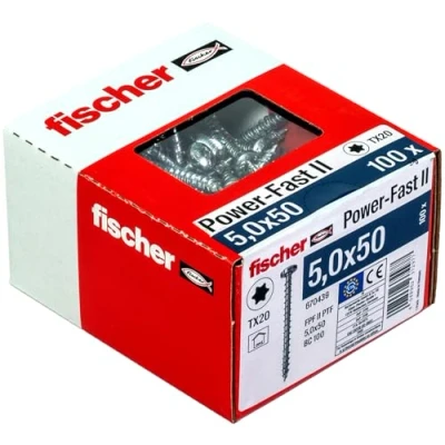 Image of fischer 670439 Power Fast II 5.0 x 50 mm Chipboard Wood Screws, Pan Head with Inner Star TX Fully Threaded Galvanised Blue Passivated, Box of 100 Screws