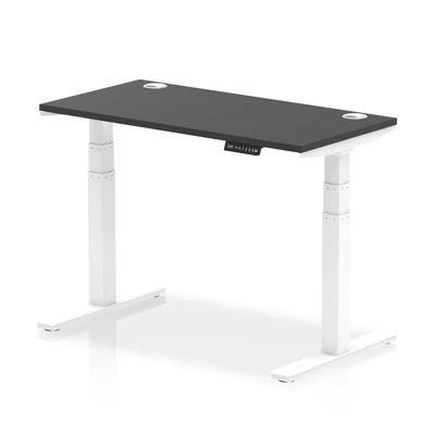 Image of Air 1200x600mm Height Adjustable Desk Black Top Cable Ports White Leg