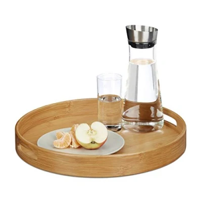 Image of Relaxdays Round Bamboo Serving Tray, Raised Edge, Food Cut Out Handles, Size: 5 x 38.5 cm, Wood, Natural
