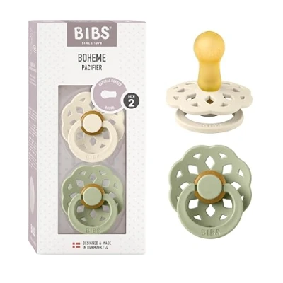 Image of BIBS Boheme Soother 2 Pack. BPA Free. Round Nipple, Size (6 18 Months), Ivory/Sage
