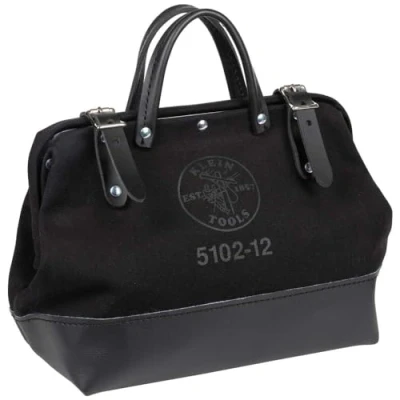 Image of Klein Tools 510212BLK Heavy Duty Black Canvas Tool Bag, Tote, Multi Purpose Bag with Wide Hinged Opening and Leather Handles, 12 Inch