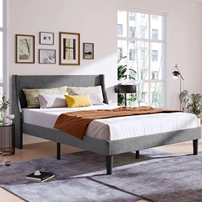 Image of ModernLuxe 4FT6 Double Bed Frame with Slatted and Winged Headboard, Wooden Slat Support, Easy Assembly, Stylish for Adults &amp; Teenagers, Velvet, Grey, 135x190cm