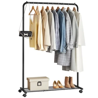 Image of SONGMICS Clothes Rail on Wheels, Rack, Metal Clothing for Bedroom, 91 cm Long Hanging Rail, with Storage Shelf, 2 Lockable Top Holds up to 40 kg, Black HSR25BK
