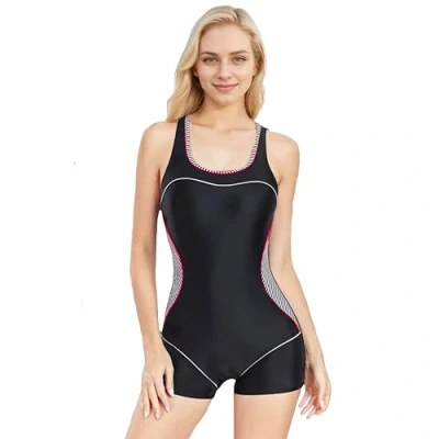 Image of BEACHKINI Swimwear Women&#039;s Boyleg One Piece Swimsuit Sports Swimming Open Back Competitive Bathing Suit,Black Stripes,UK 22