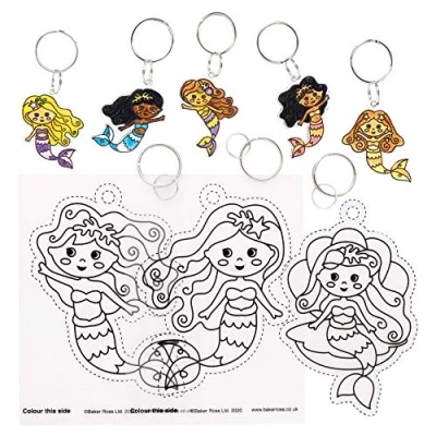 Image of Baker Ross FE161 Mermaid Super Shrink Keyrings Pack of 8, for Crafts to Colour in, Make and Display, Your Own Kids, Art