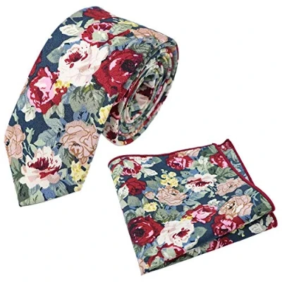 Image of DB Dickie Bow Men&#039;s Floral Luxury Cotton Skinny Neck Tie &amp; Pocket Square Set (Blue Botanical Floral) suitable for formalwear, office, weddings, parties, grooms groomsmen outfits