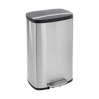 Image of Amazon Basics Rectangular Soft Close Rubbish Bin with Plastic Lid, 50 Litres, Satin Nickel