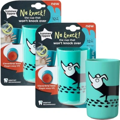 Image of 2 x Tommee Tippee No Knock Cup Base Sucks to Surfaces = More Spills! Ideal for Milk, Water &amp; Juice 300ml, BPA Free Age 12m+ (Blue)