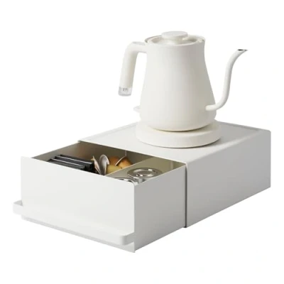 Image of Yamazaki 2018 TOWER Sliding Countertop Drawer, White, Steel/Polypropylene/Magnet, Minimalist Design, 22.2 x 27.5 11.5 cm (LxWxH)