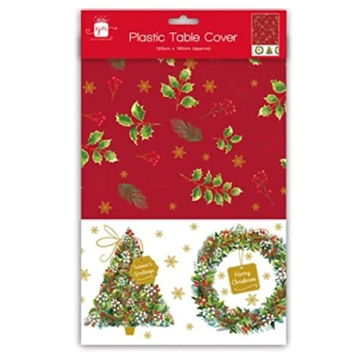 Image of Gift Maker Traditional Holly &amp; Ivy Christmas Tree Red White Plastic Table Cover 120 x 180cm
