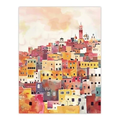 Image of Artery8 Morocco Skyline Colourful Watercolour Cityscape Living Room Extra Large XL Wall Art Poster Print