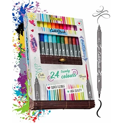 Image of Online Calli.Brush Handlettering brush pens Set of 24 Calligraphy in box tip &amp; for Bullet Journaling, Hand Lettering Water colours Aquarell pens,19082