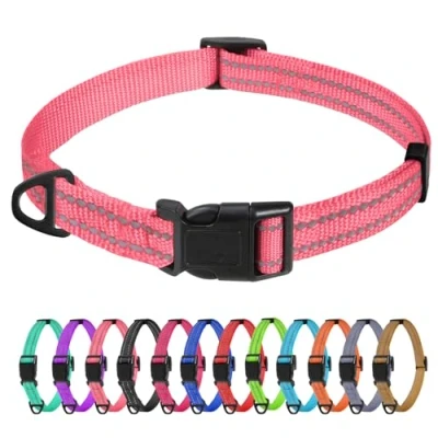 Image of TagMe Reflective Nylon Dog Collars, Adjustable Classic Collar with Quick Release Buckle for Extra Small Dogs, Baby Pink, 1.5 cm Width