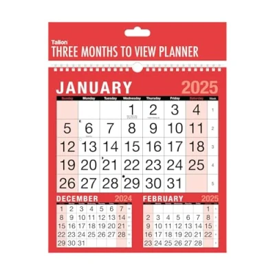 Image of 2025 Wall Calendar Planner 3 Months To View Hanging Spiral Bound Red 260 x 240mm