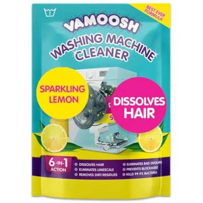 Image of Vamoosh 6 in 1 Washing Machine Cleaner, Dissolves Hair, Eliminates Bad Odours, Removes Limescale, Deep Clean, Leaves Smelling Fresh, Antibacterial, Descales (Lemon, Single Pack)