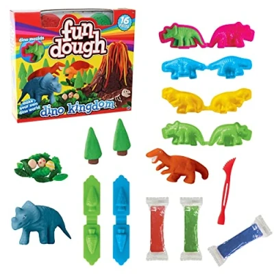 Image of HTI Fun Dough Dinosaur 16 Pieces Play Set Make Your Dino World Playset Including Rolling Pin Moulds &amp; Accessories Playdough Tools and Cutters Non Toxic Colours