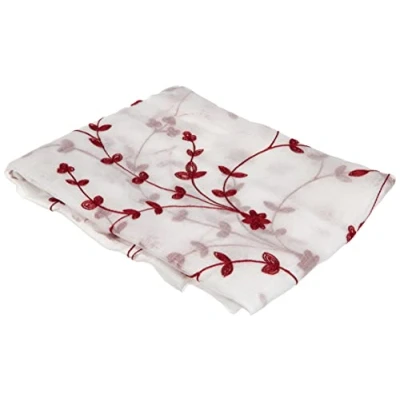 Image of Douceur d&#039;Intérieur, Pair of Net Curtains with Loops (2 x 60 120 cm) Small Flower White/Red Embroidered Sanded Voile