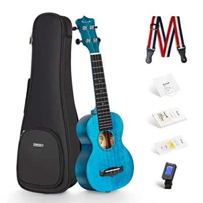 Image of Soprano Ukulele Enya 21&quot; Blue Solid Mahogany Top Beginner Kit with Online Lesson, Case, Tuner, Strap, Strings, Pick (EUS 25D BU)