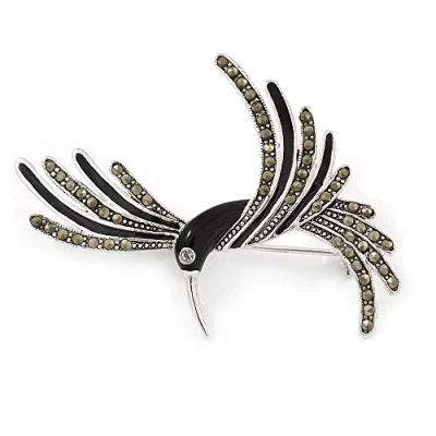Image of Avalaya Small Hematite Crystal Black Enamel Hummingbird Brooch in Rhodium Plated Metal 53mm L