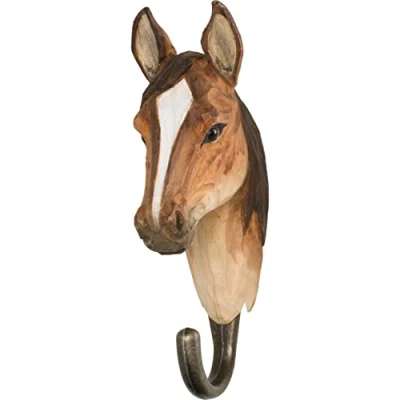 Image of WILDLIFEGARDEN Wildlife Garden Hook Arabian Horse (WG513) Hand Carved Decorative Coat Hook, Wall Mounted, Made of Wood and Metal Domestic Animals Collection