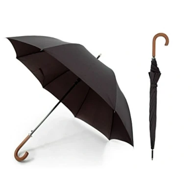 Image of Drizzles Mens Long Auto Umbrella with a Wooden Crook Handle (Plain Black)