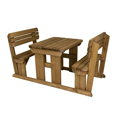 Image of Arbor Garden Solutions Wooden picnic table and benches with backrest, Alders rounded patio furniture set (4ft, Rustic Brown)