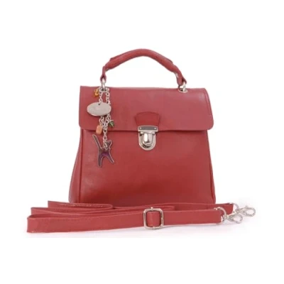 Image of Catwalk Collection Handbags Women&#039;s Leather Cross Body Bag Medium Top Handle Adjustable Detachable Shoulder Strap PANDORA Red