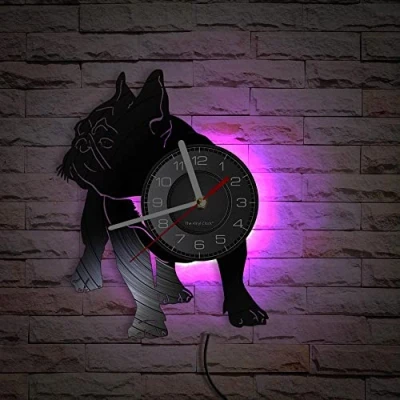 Image of Smotly Vinyl wall clock with seven color night light atmosphere clock, designed in the shape of a pug, gift for your favorite pet dog