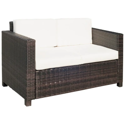Image of Outsunny 2 Seater Garden Furniture, Rattan Sofa with Soft Padded Cushion and Armrests, Wicker Loveseat for Patio, Mixed Brown