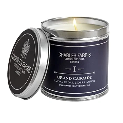 Image of Charles Farris Grand Cascade Luxury Scented Signature Tin Candle Smoky Cedar, Moss &amp; Amber Hand Poured in England 40 Hours+ Burn Time