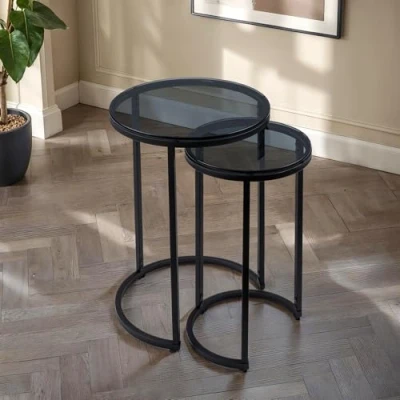 Image of Julian Bowen Chicago Round Nesting Side Tables, Smoked Glass/Black, 55 x 40