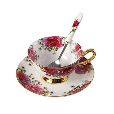 Image of YBK Tech Euro Style Cup&amp; Saucer Set Art Bone China Ceramic Tea Coffee Cup for Home Kitchen Wedding (Red Rose)